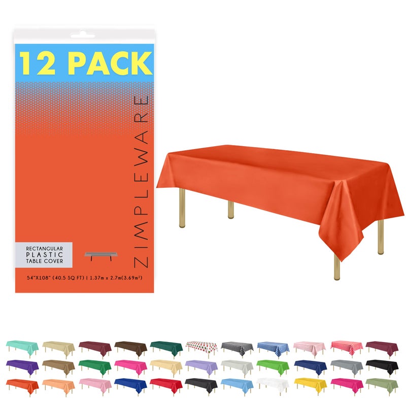 ZIMPLEWARE Premium Orange Plastic Table Cloth Disposable (12 Pk) Plastic Tablecloths for Rectangle Tables (54in x 108in) Party Table Cloths Disposable for 6ft to 8ft Rectangle Tables - Image 1